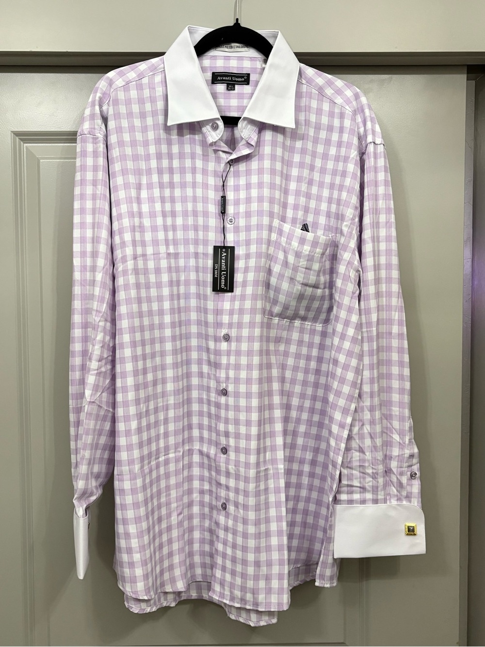 NWT Avanti Men’s Lilac Gingham Dress Shirt with White Contrast Collar